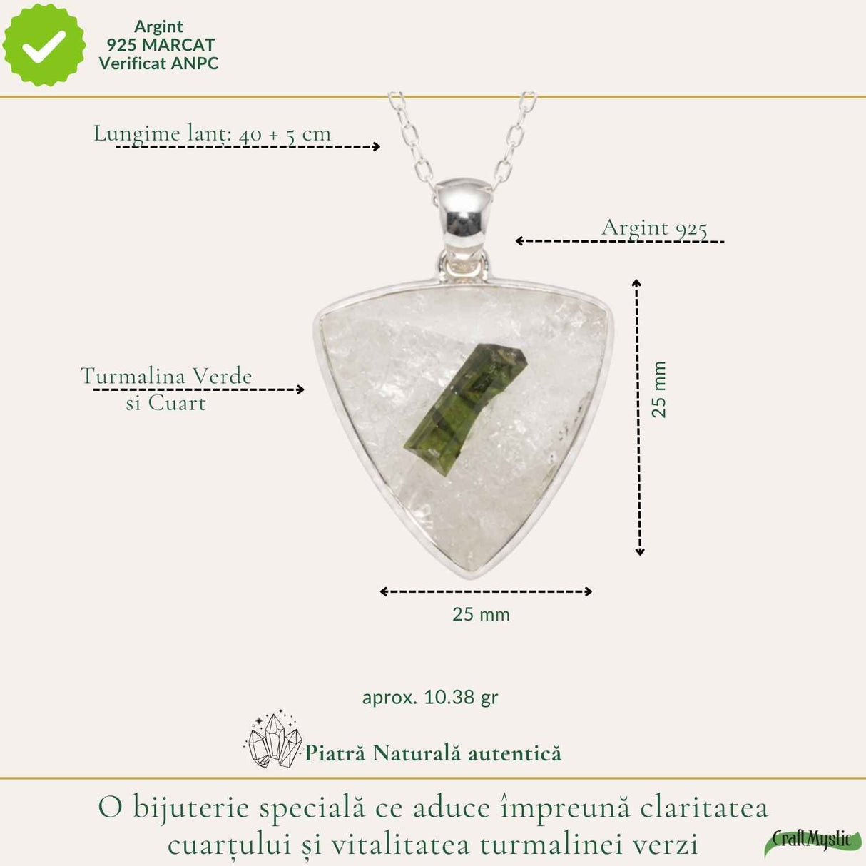 Colier Argint 925 cu Turmalina Verde si Cuart Triunghi – Energie si Protectie
