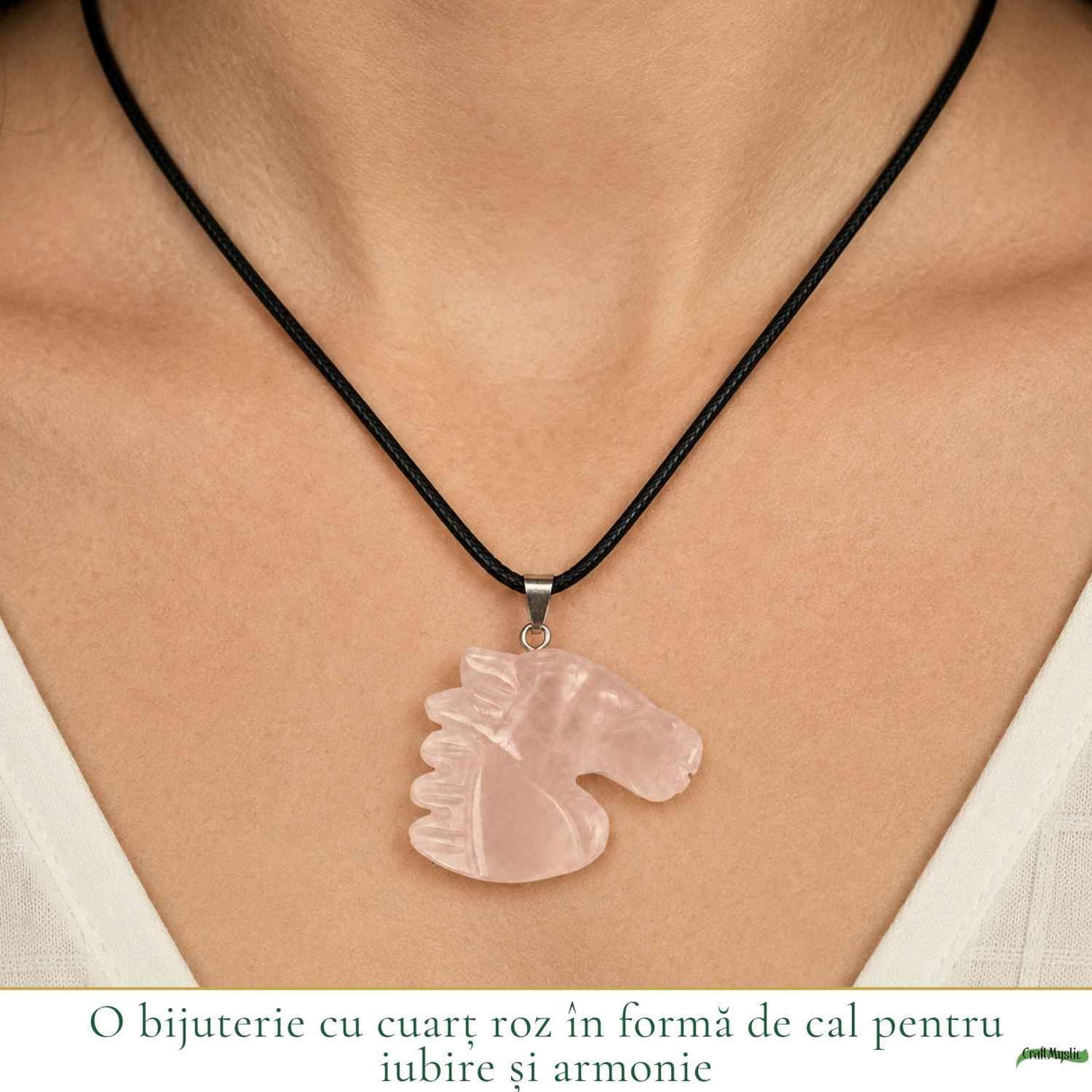 Colier cu Cuart Roz Natural in Forma de Cal – Iubire, Blandete si Libertate