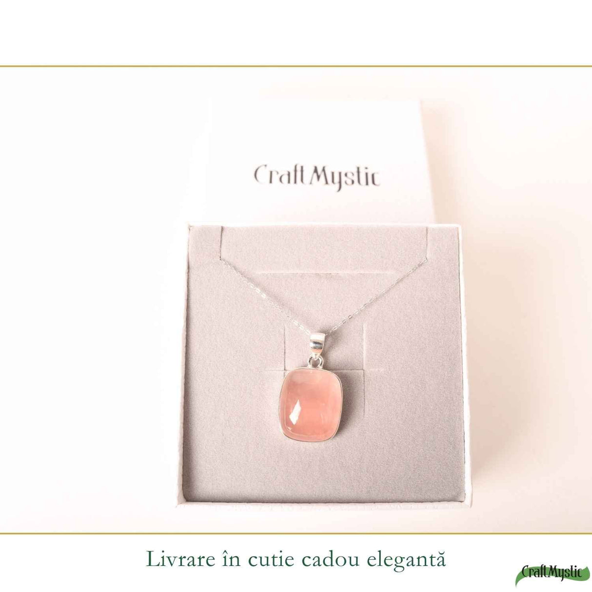 Colier argint 925 cu Cuart Roz patrat – iubire de sine si echilibru emotional
