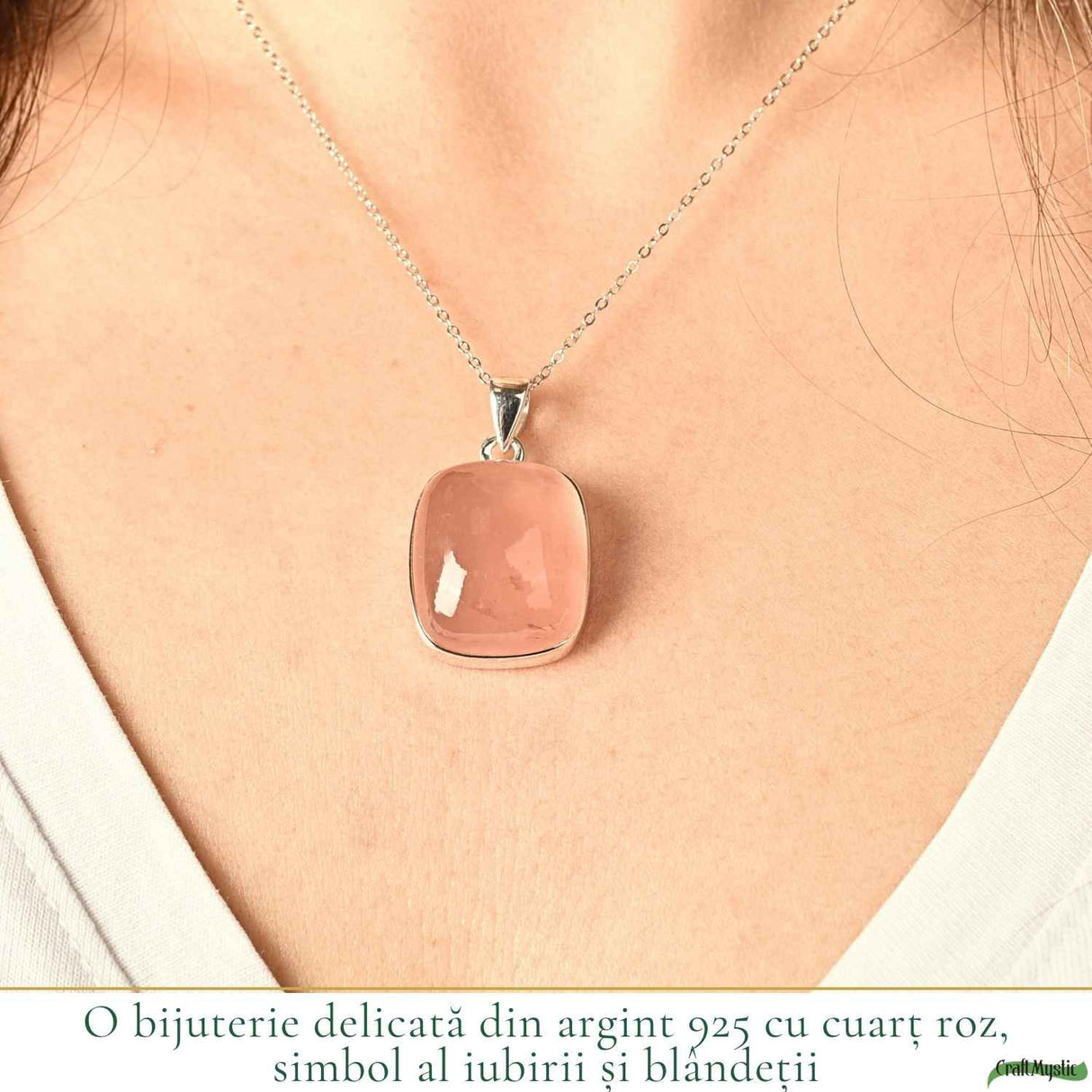 Colier argint 925 cu Cuart Roz patrat – iubire de sine si echilibru emotional