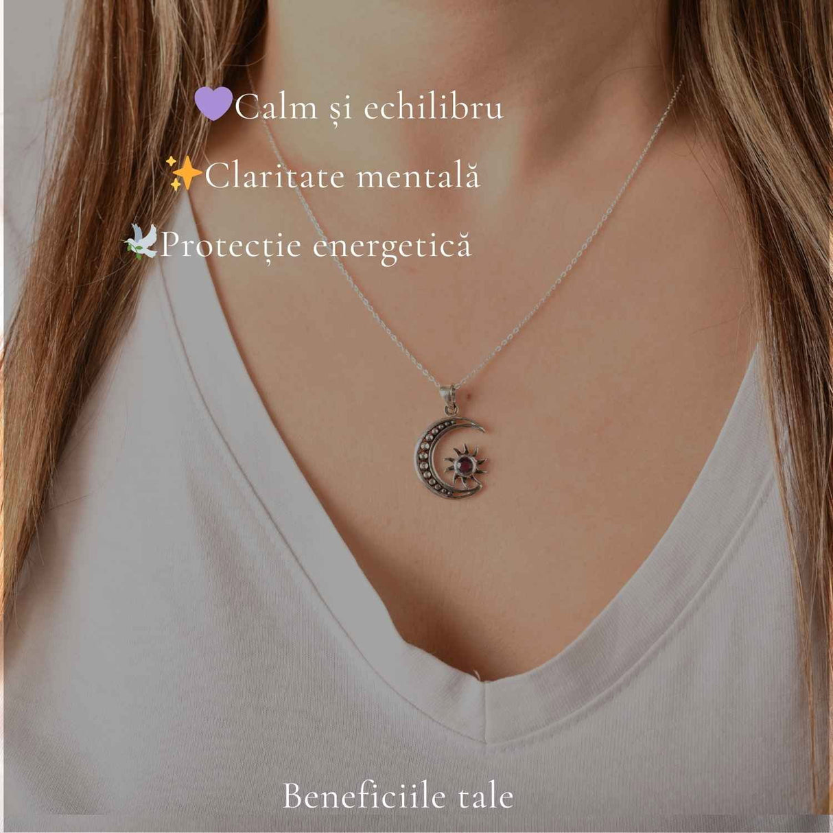 Colier Argint 925 Soare si Semiluna cu Ametist Natural – Echilibru si Energie Interioara