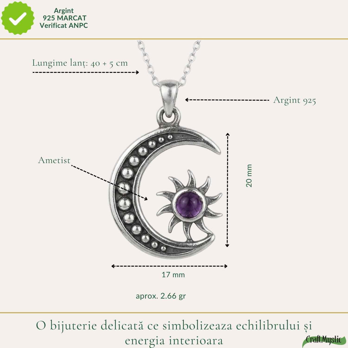 Colier Argint 925 Soare si Semiluna cu Ametist Natural – Echilibru si Energie Interioara