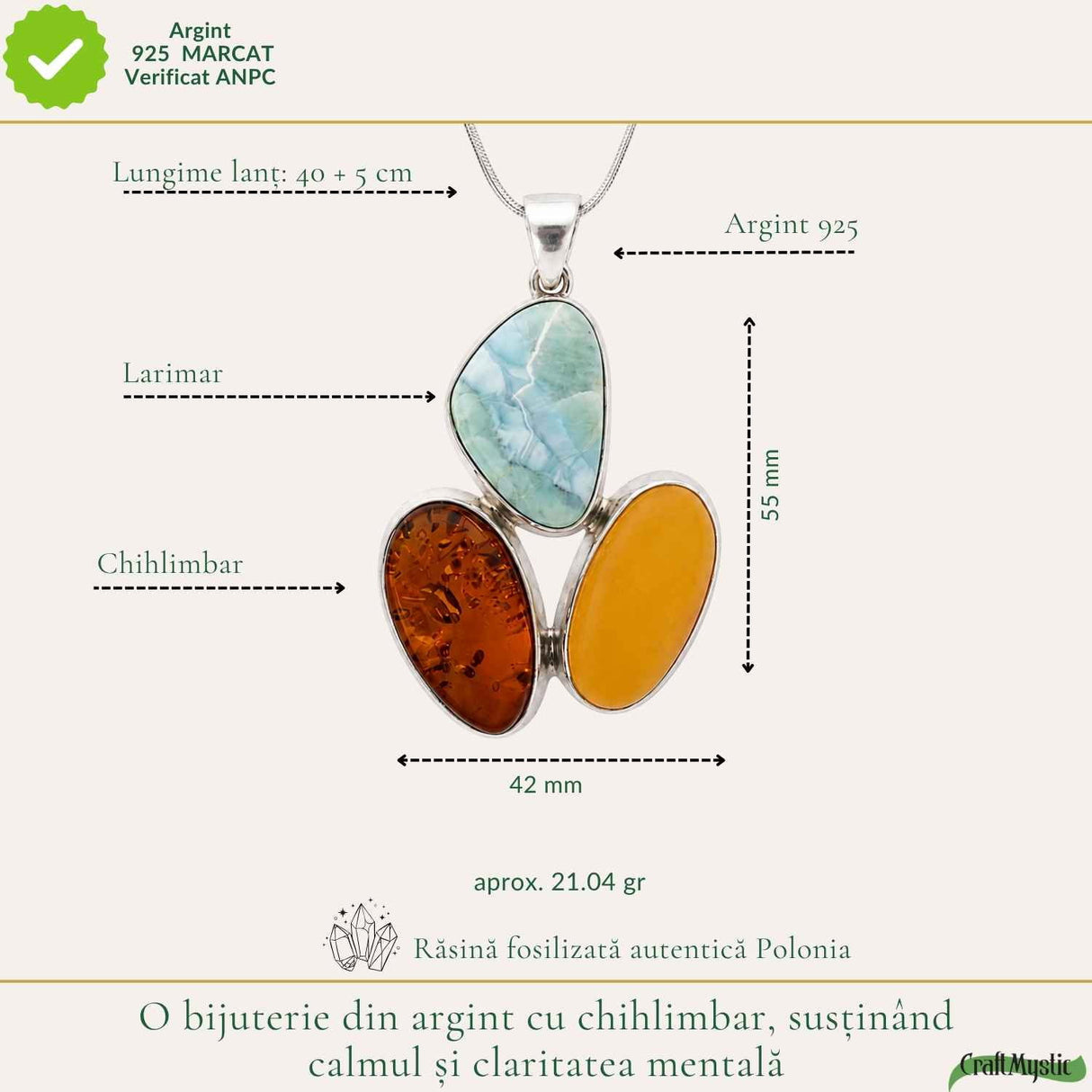 Colier Argint 925 Oval cu Chihlimbar si Larimar – Calm si Echilibru Emotional