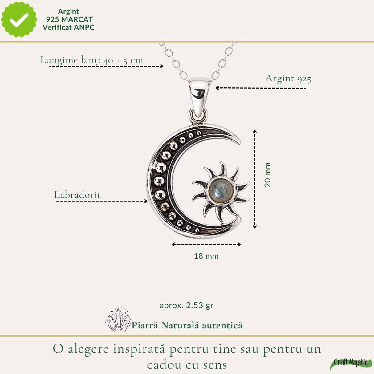 Colier Argint 925 cu Labradorit Soare si Luna – Echilibru si Intuitie