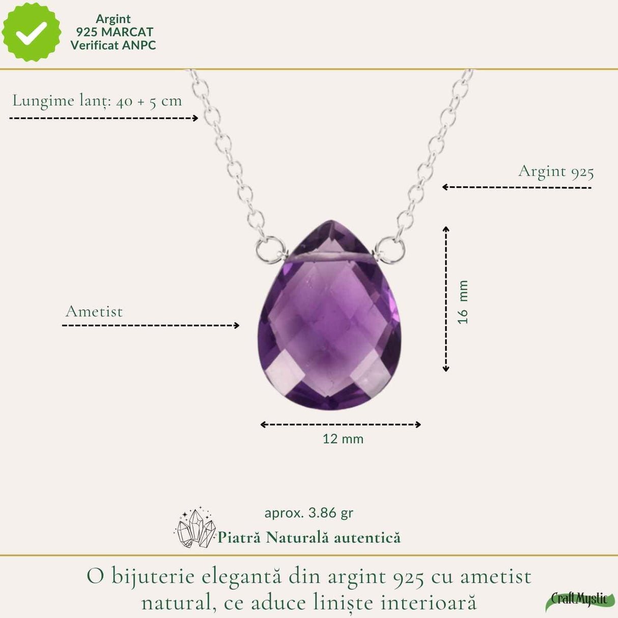 Colier argint 925 cu ametist lacrima – liniste si echilibru emotional