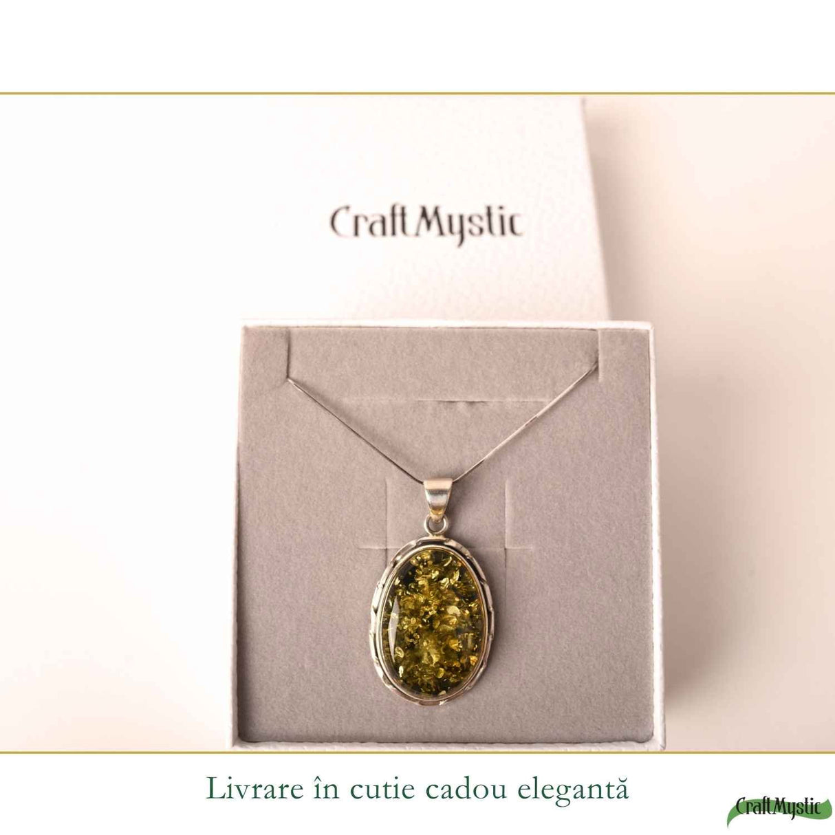 Colier Argint 925 Oval cu Chihlimbar Verde – Echilibru si Energie Pozitiva