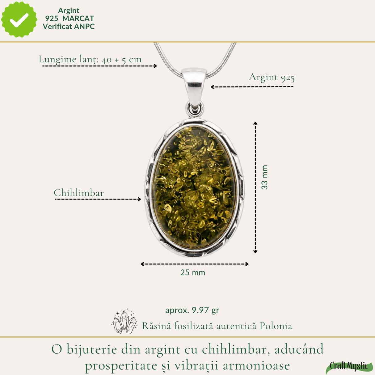 Colier Argint 925 Oval cu Chihlimbar Verde – Echilibru si Energie Pozitiva