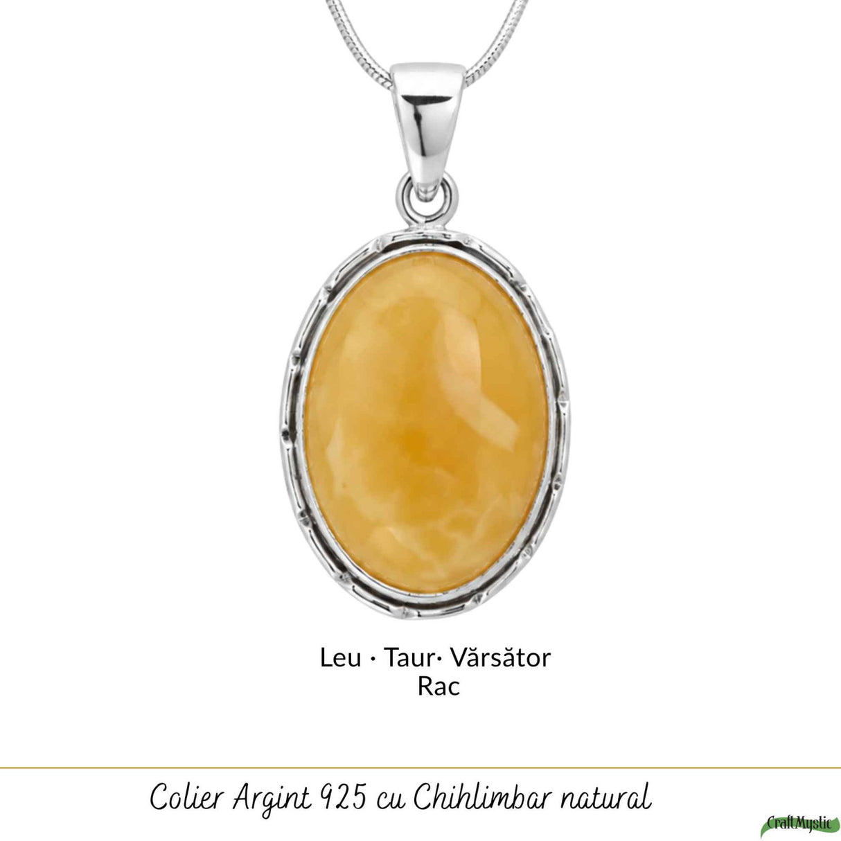 Colier Argint 925 Oval cu Chihlimbar Galben – Energie Pozitiva si Protectie