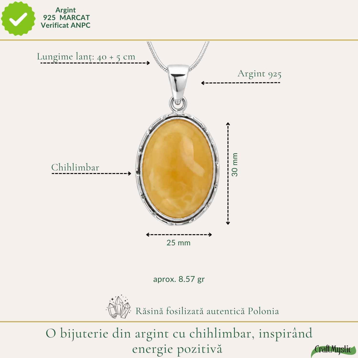Colier Argint 925 Oval cu Chihlimbar Galben – Energie Pozitiva si Protectie