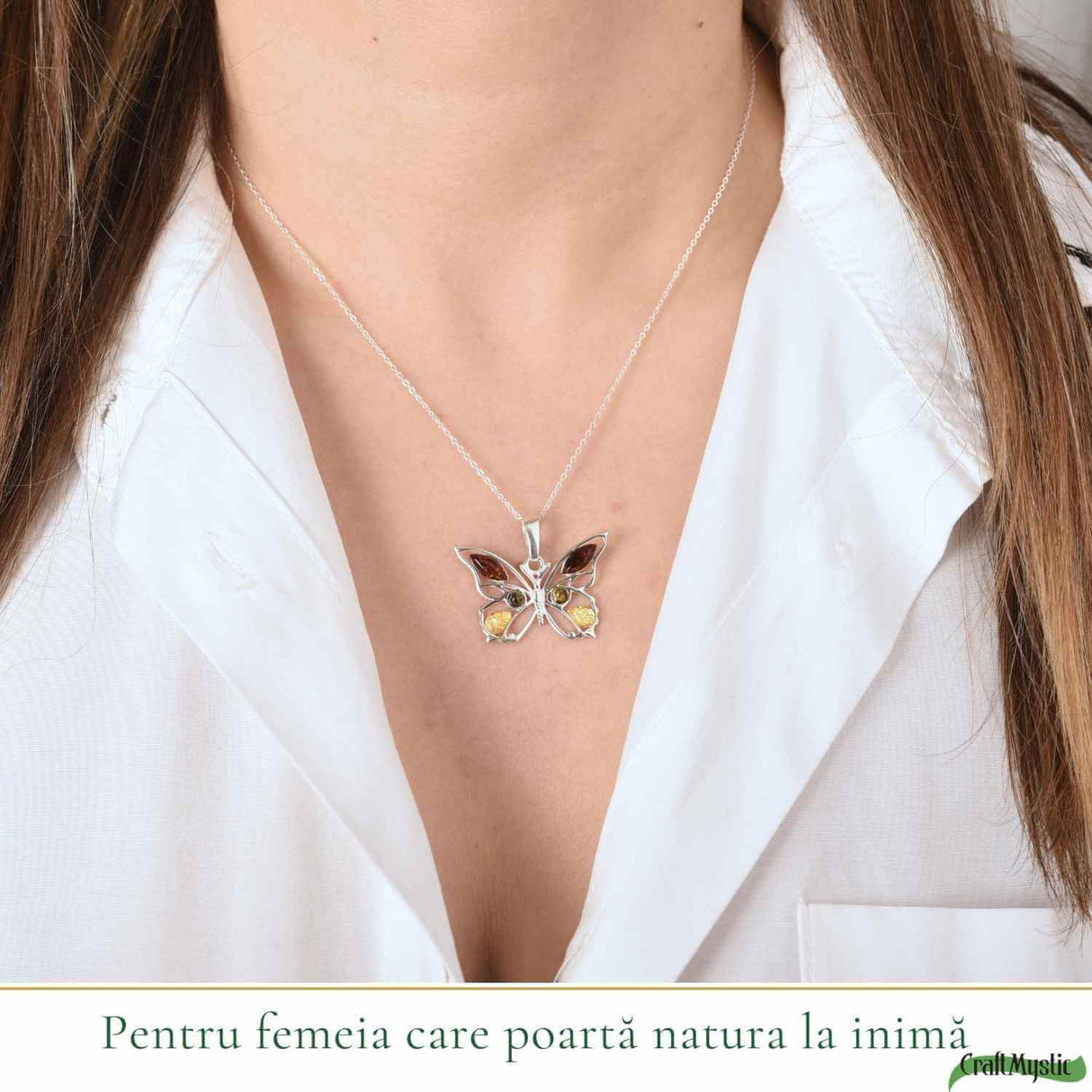 Colier argint 925 fluture cu chihlimbar natural - Transformare si vitalitate
