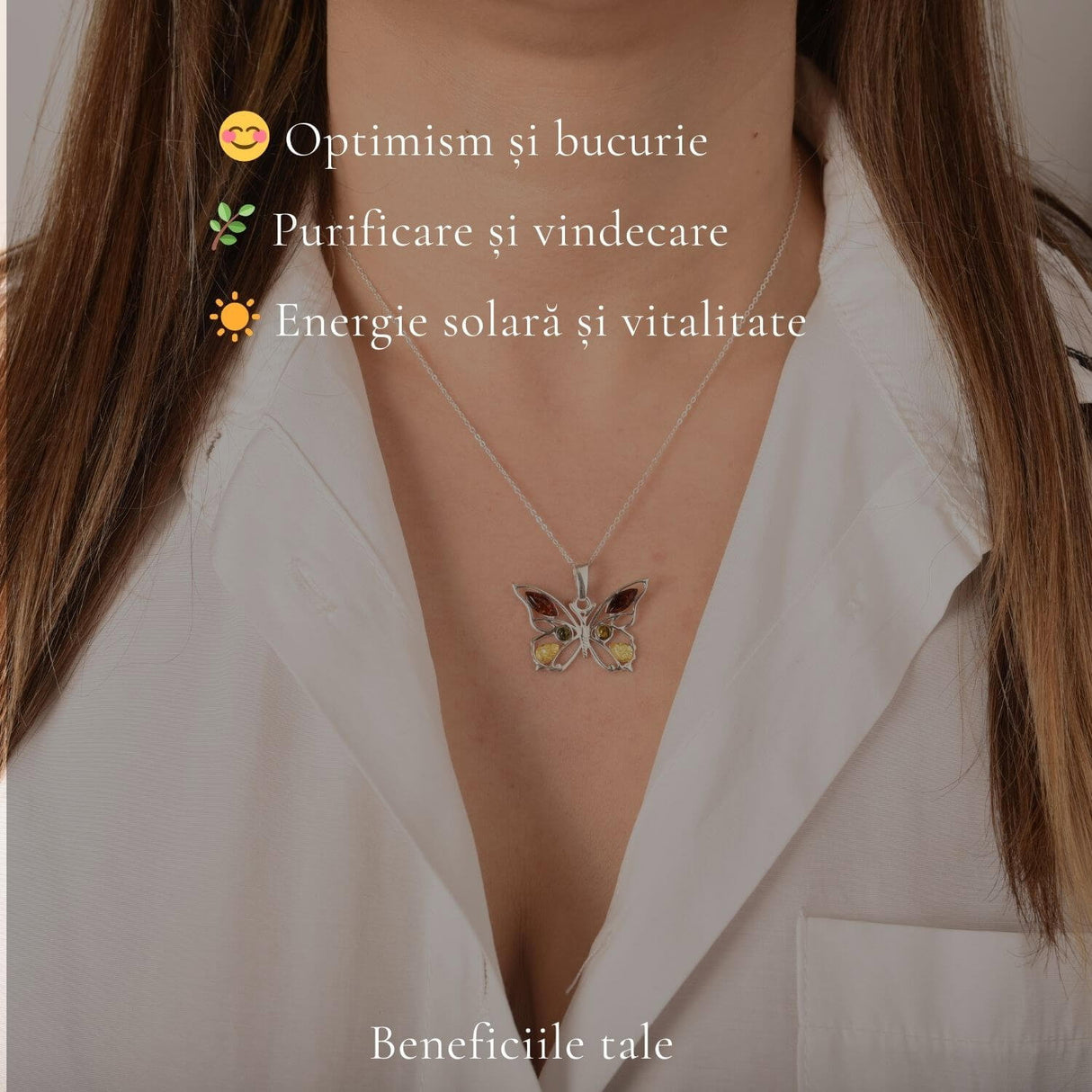 Colier argint 925 fluture cu chihlimbar natural - Transformare si vitalitate