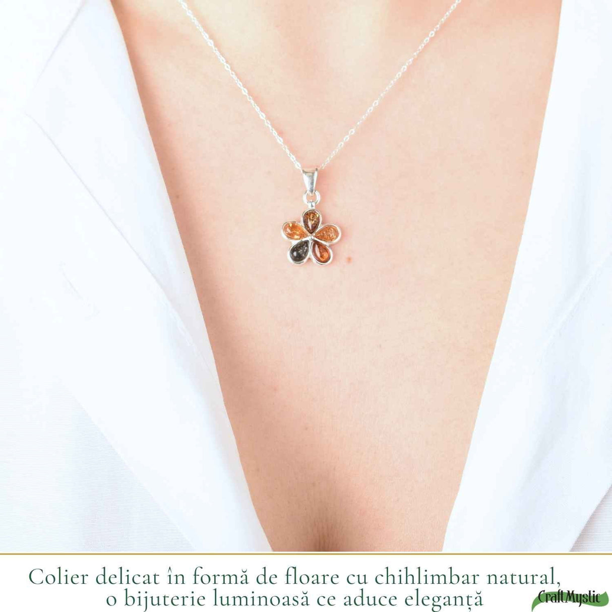 Colier Argint 925 cu Floare din Chihlimbar Natural in 3 Culori - Energie Calda si Feminitate