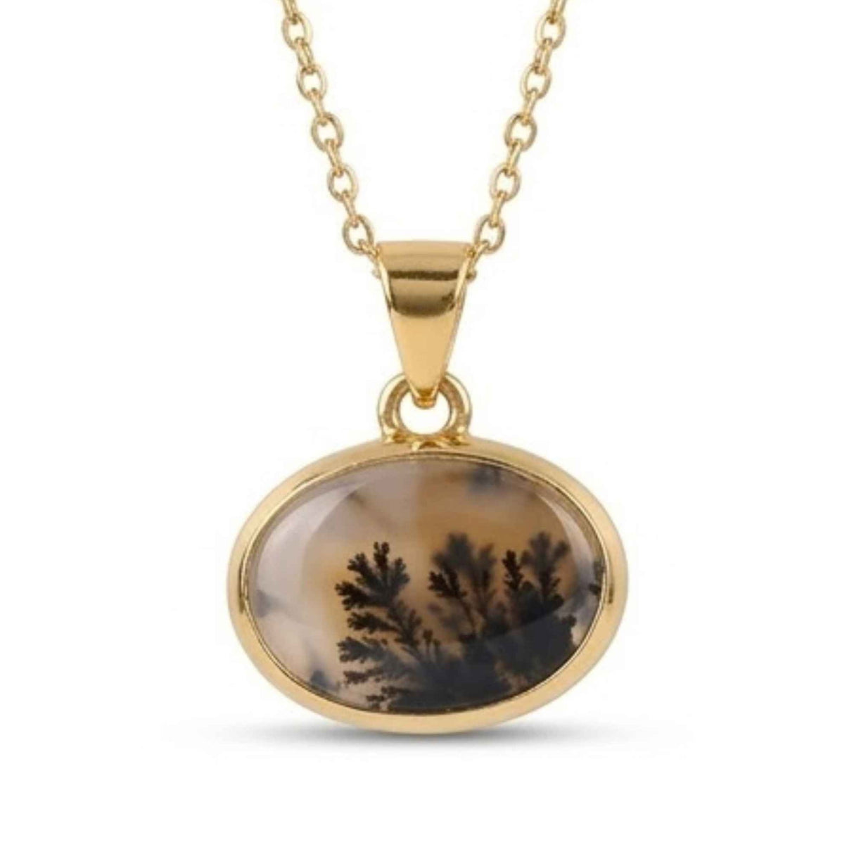Colier Argint 925 Placat Aur 18K cu Agat Scenic Dendritic Oval – Echilibru si Claritate