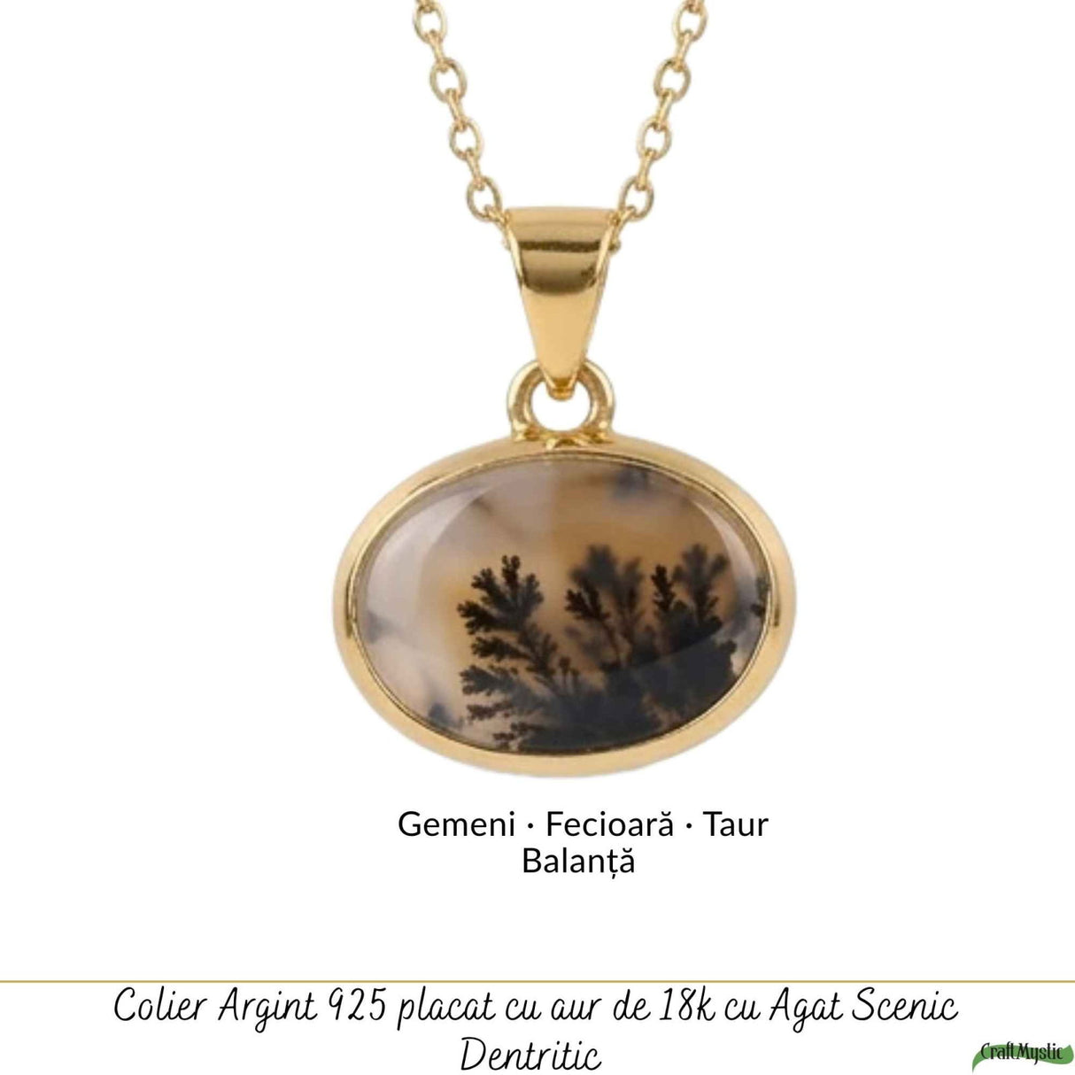 Colier Argint 925 Placat Aur 18K cu Agat Scenic Dendritic Oval – Echilibru si Claritate