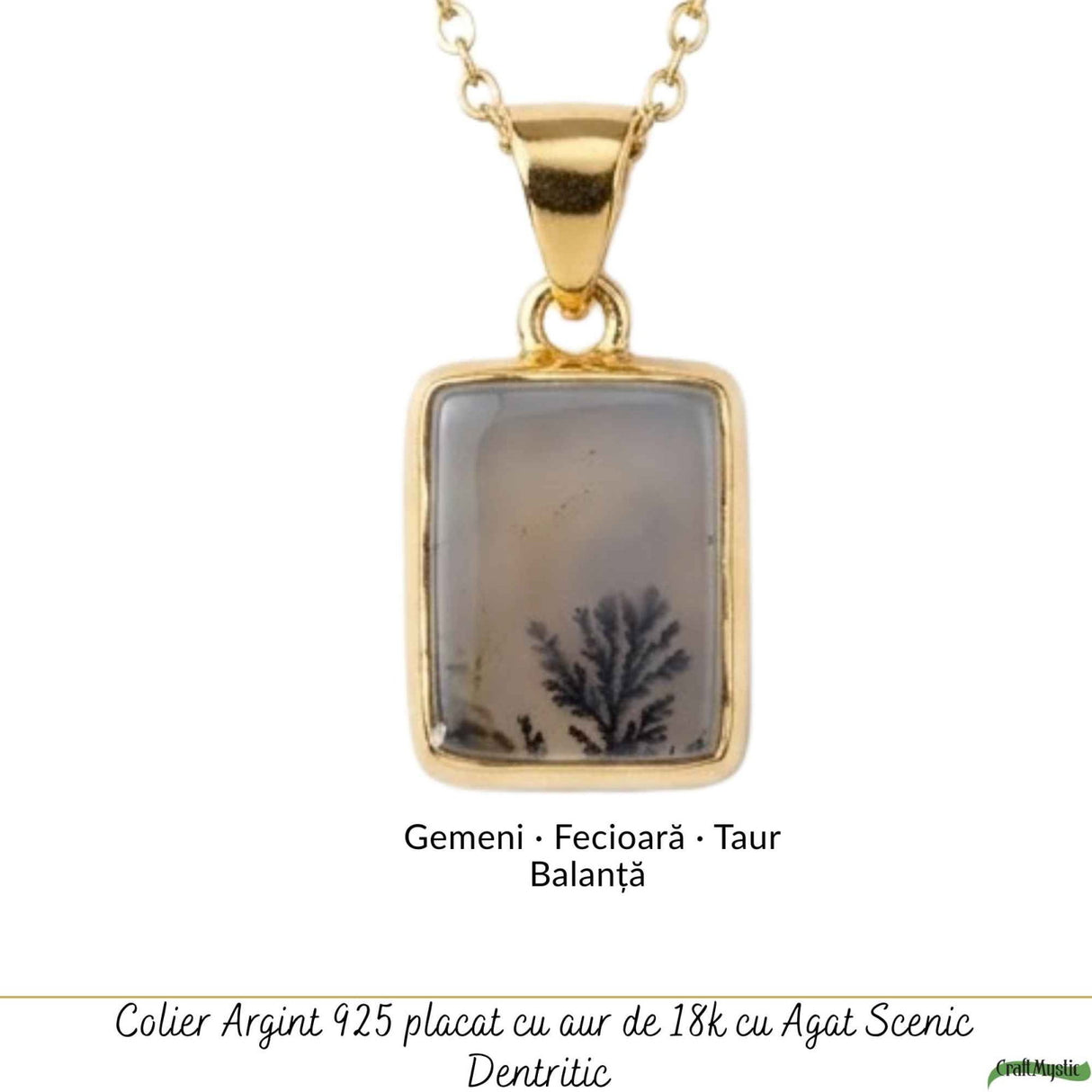Colier Argint 925 Placat Aur 18K cu Agat Scenic Dendritic Dreptunghi – Echilibru si Claritate