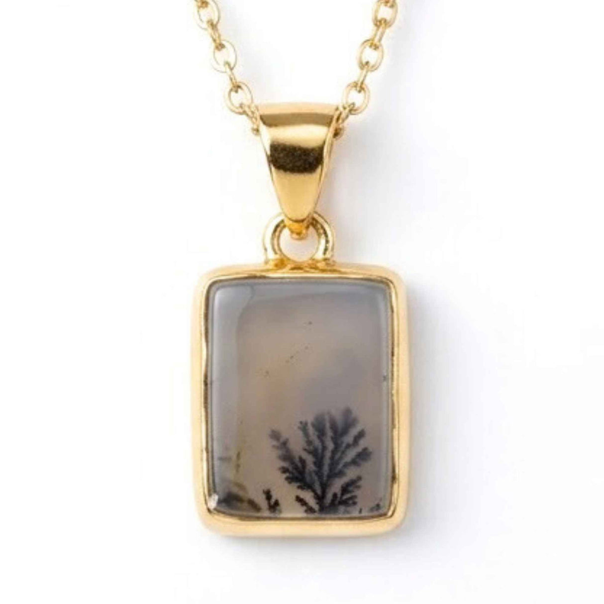 Colier Argint 925 Placat Aur 18K cu Agat Scenic Dendritic Dreptunghi – Echilibru si Claritate
