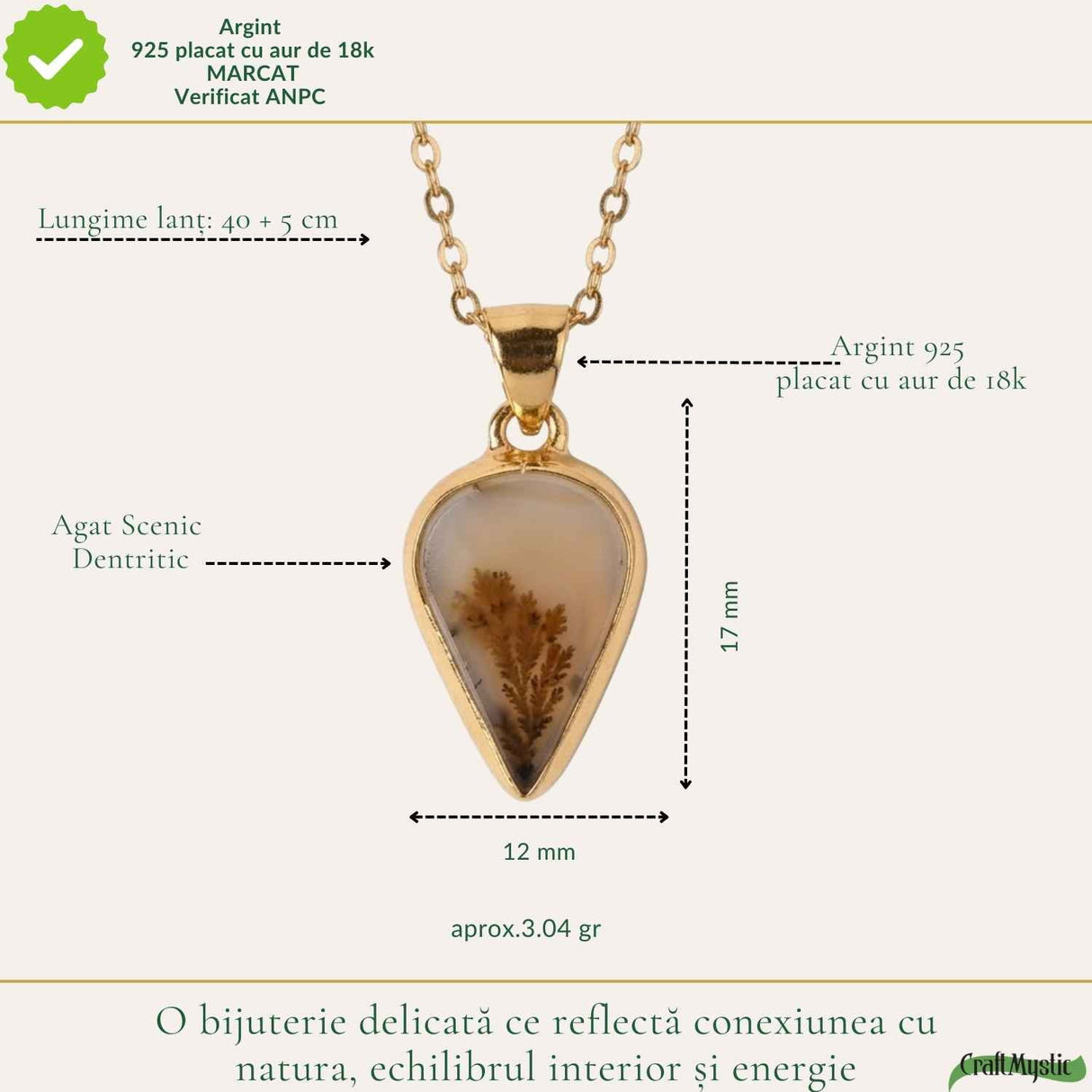 Colier Argint 925 Placat Aur 18K cu Agat Scenic Dendritic Lacrima – Echilibru si Claritate