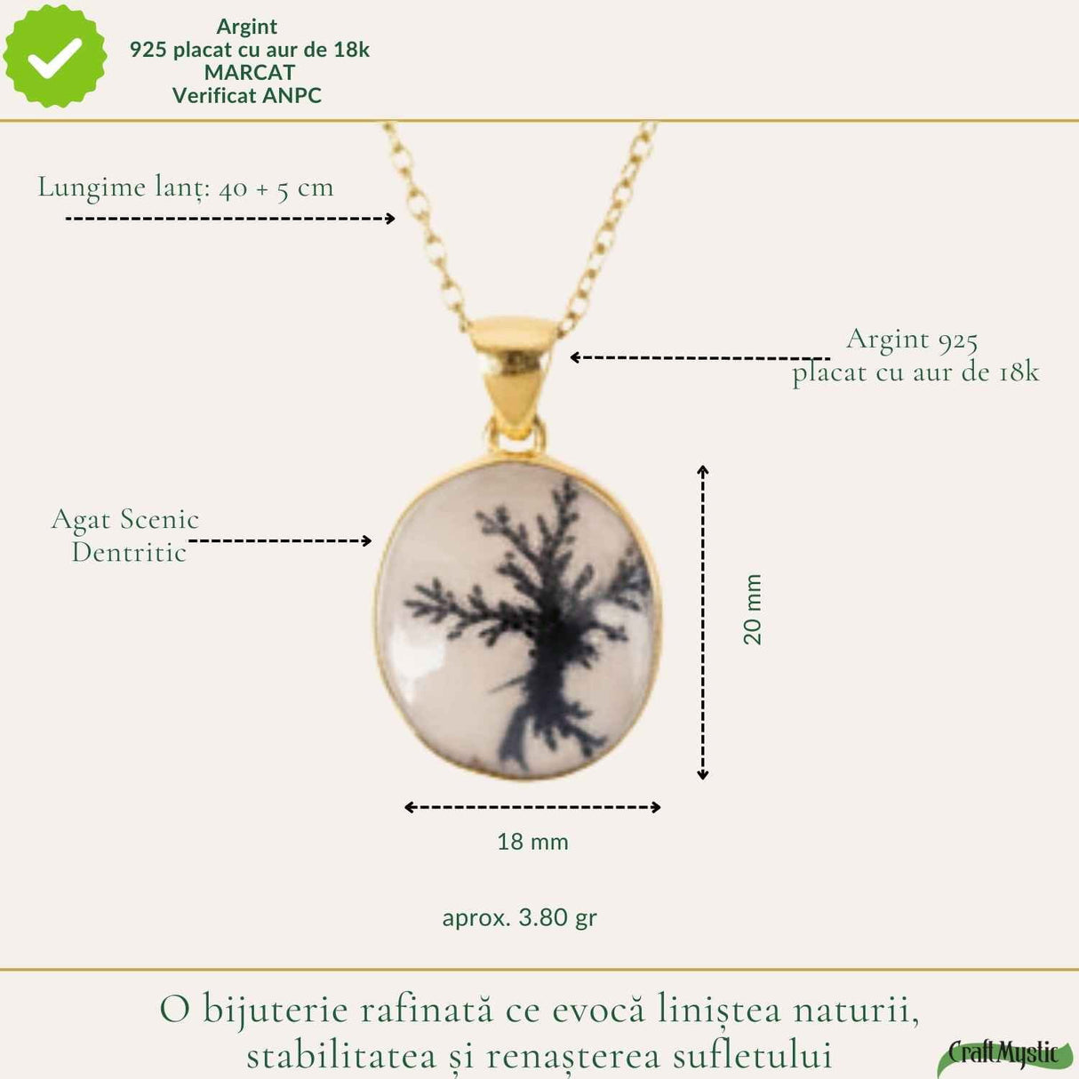 Colier Argint 925 Placat Aur 18K cu Agat Scenic Dendritic Rotund – Echilibru si Claritate