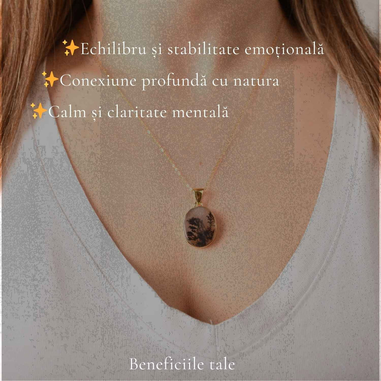 Colier Argint 925 Placat Aur 18K cu Agat Scenic Dendritic Oval – Echilibru si Claritate