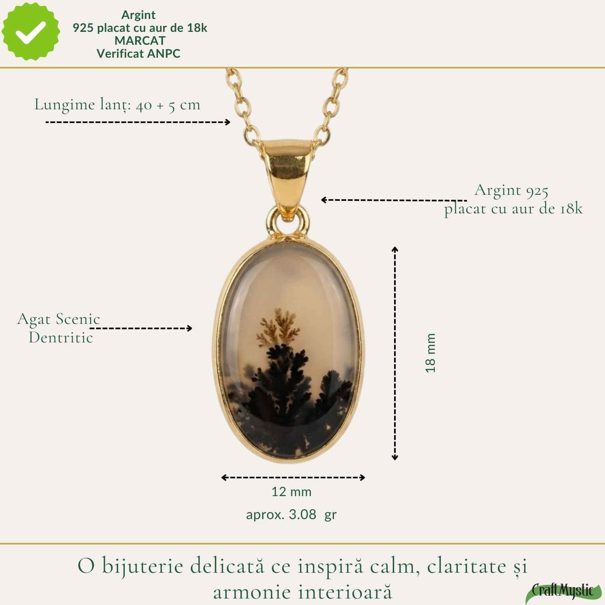 Colier Argint 925 Placat Aur 18K cu Agat Scenic Dendritic Oval – Echilibru si Claritate