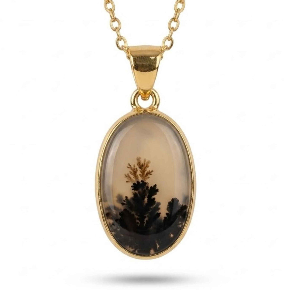 Colier Argint 925 Placat Aur 18K cu Agat Scenic Dendritic Oval – Echilibru si Claritate