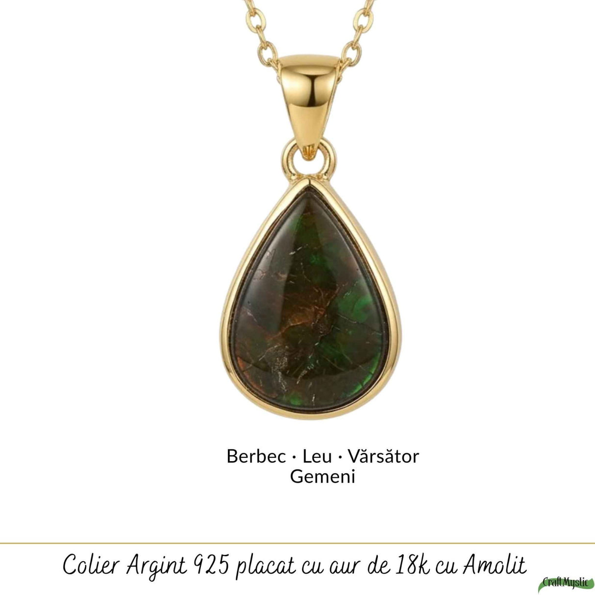 Colier Argint 925 Placat Aur 18K cu Amolit Natural Lacrima – Prosperitate si Energie Pozitiva