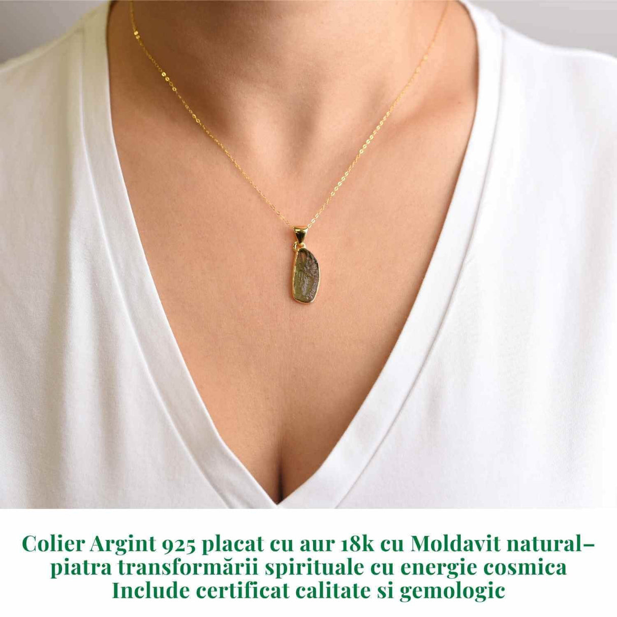 Colier argint 925 placat aur 18k cu Moldavit natural 2.04 g - Accelereaza transformarea personala - Copie