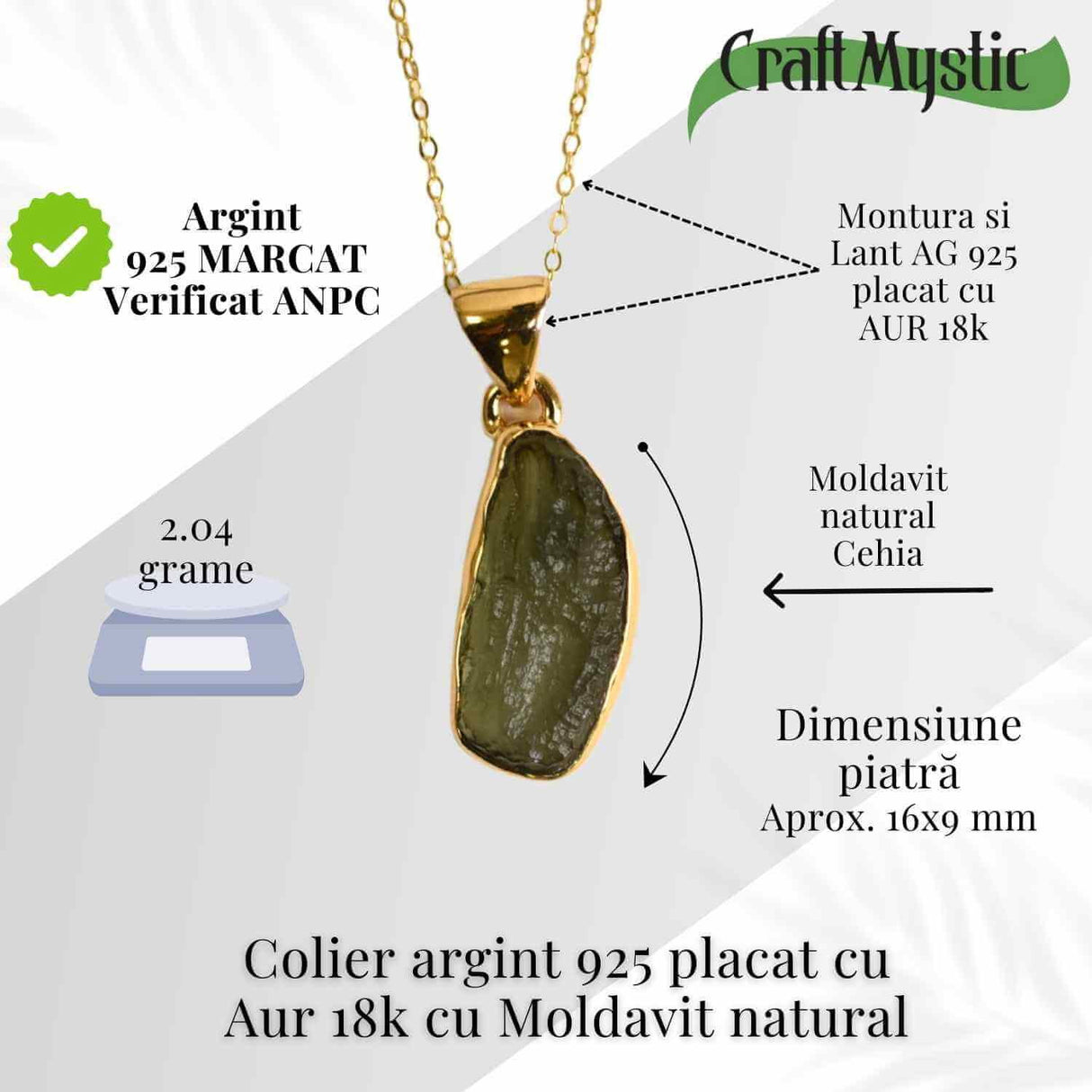 Colier argint 925 placat aur 18k cu Moldavit natural 2.04 g - Accelereaza transformarea personala - Copie