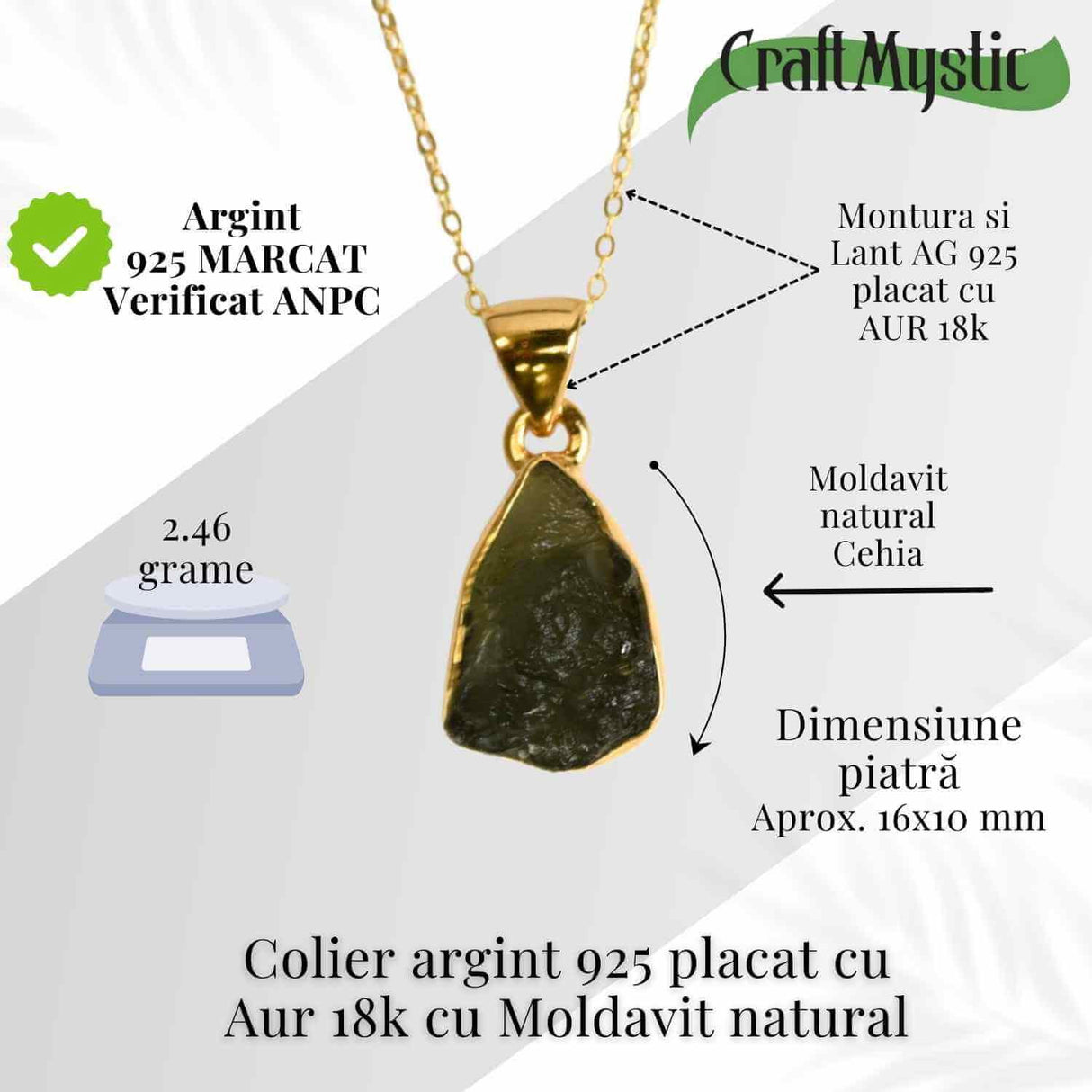 Colier argint 925 placat cu Aur 18k cu Moldavit natural - Transformare spirituala - 2.46 g