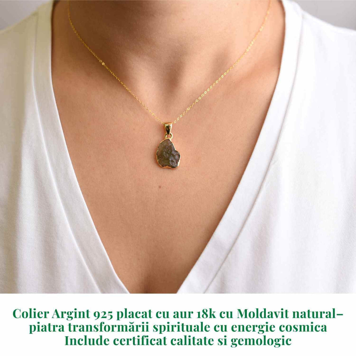 Colier argint 925 placat aur 18k cu Moldavit natural - accelerarea transformarii personale si spirituale - 2.08 g