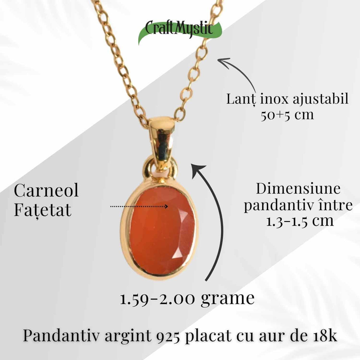 Colier cu lant inox cu Carneol Oval in montura Argint 925 Placat cu Aur 18K - Energie si Vitalitate Zilnica