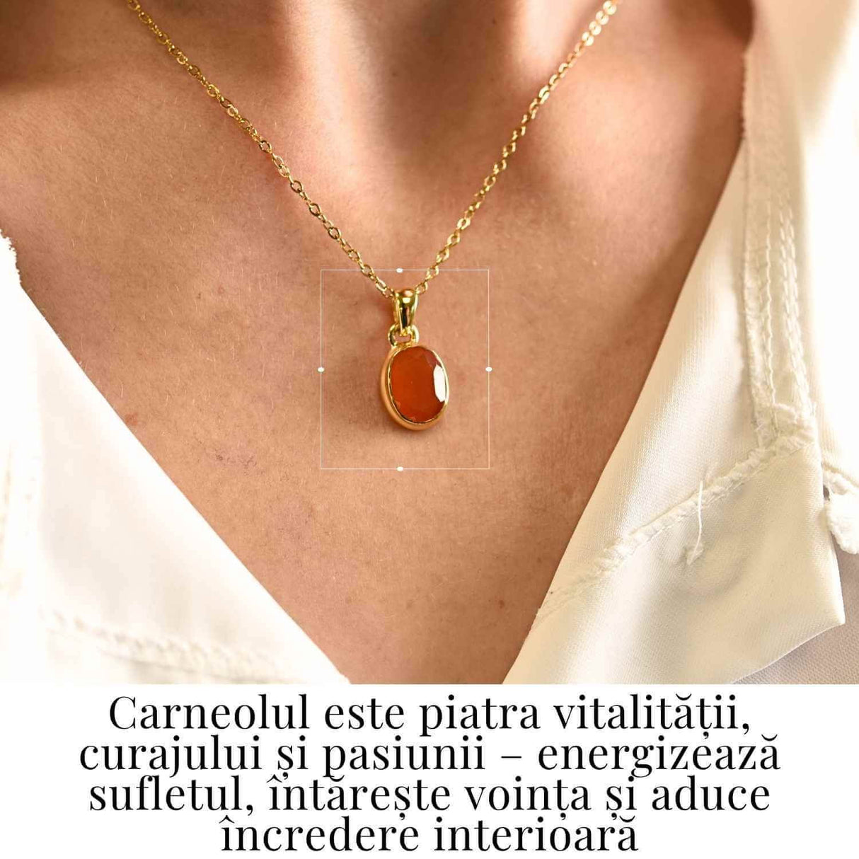 Colier cu lant inox cu Carneol Oval in montura Argint 925 Placat cu Aur 18K - Energie si Vitalitate Zilnica