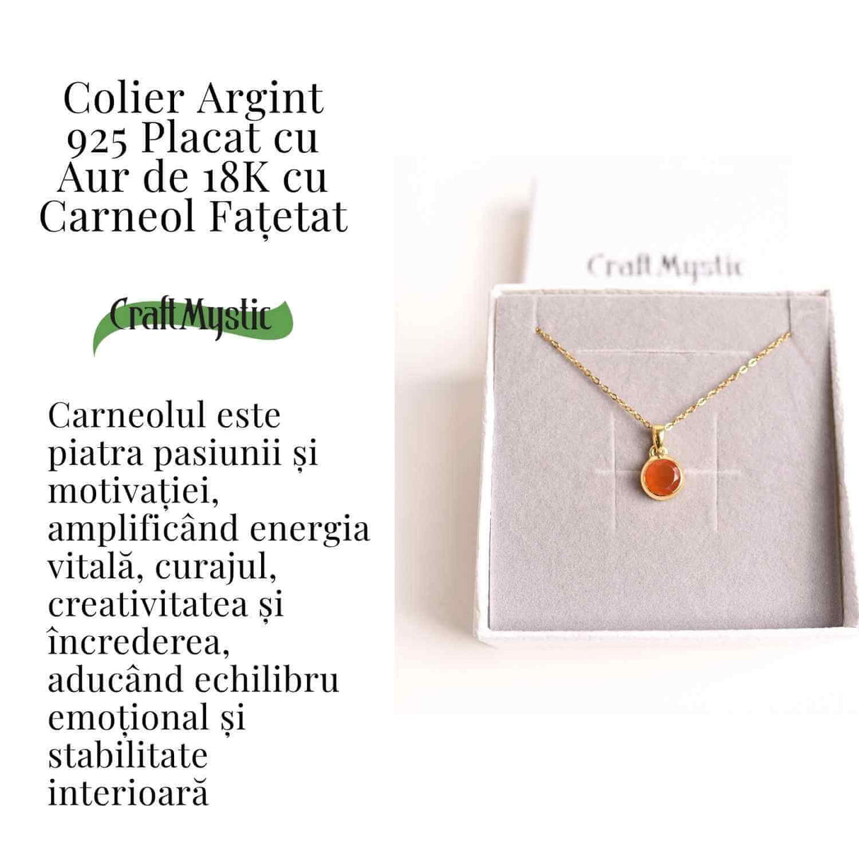 Colier cu lant inox cu Carneol Rotund in montura Argint 925 Placat cu Aur 18K - Energie si Curaj Zilnic