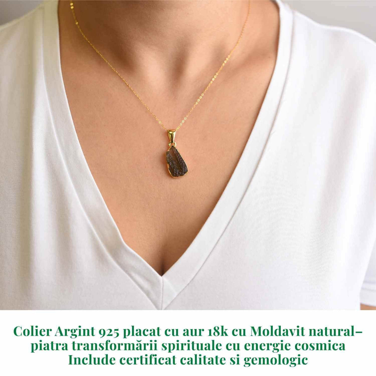 Colier Argint 925 placat aur 18k cu Moldavit natural brut 2.51 g - accelereaza transformarea personala