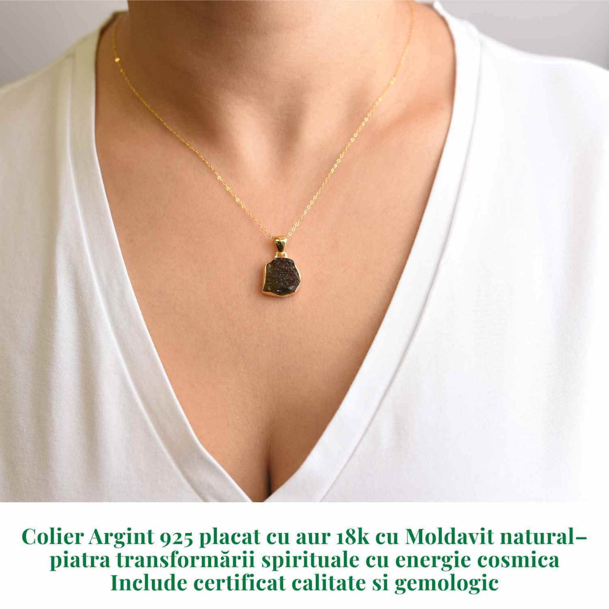 Colier Moldavit natural 2.76 grame - Transformare si energie cosmica - Argint 925 placat cu aur 18k
