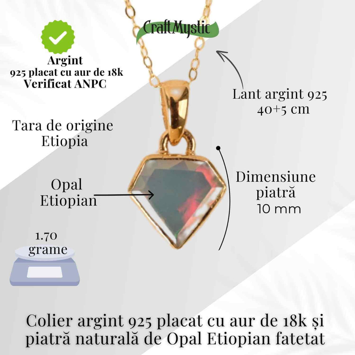 Colier Argint 925 placat cu aur 18K cu Opal Etiopian Fatetat in Forma de Diamant - Lumina, Intuitie si Feminin Sacru