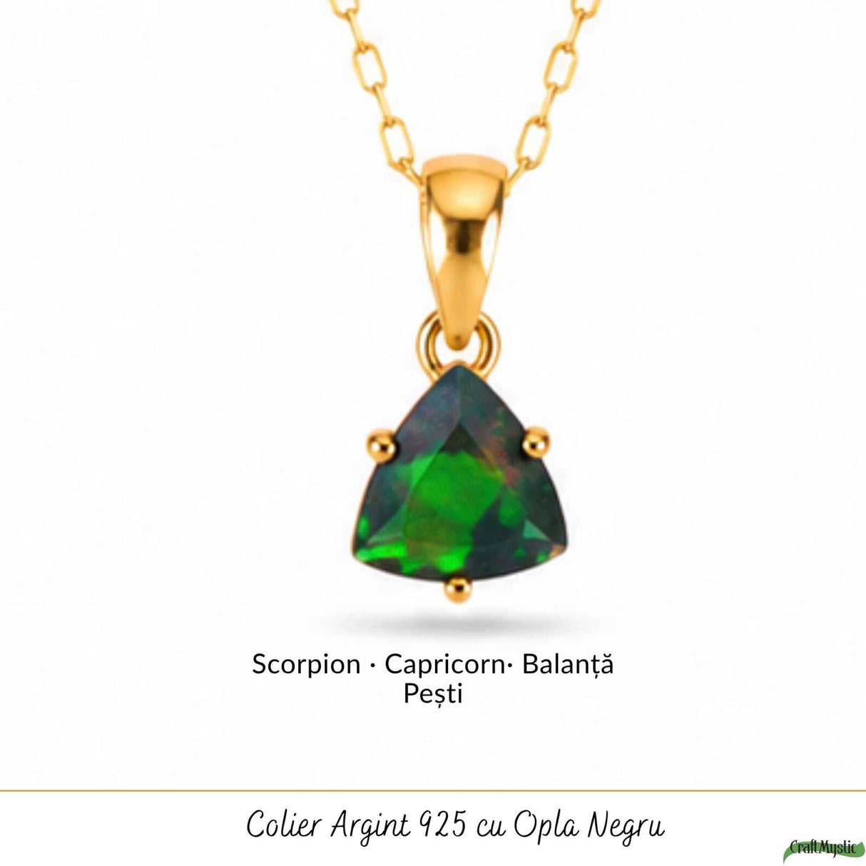 Colier Argint 925 Placat cu Aur 18K cu Opal Negru Triunghi – Protectie si Claritate