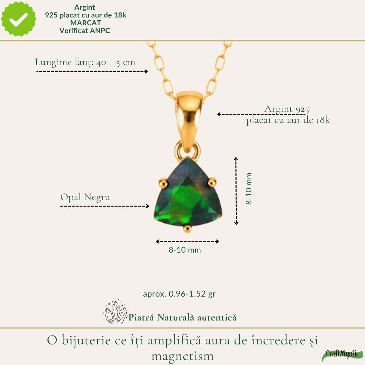 Colier Argint 925 Placat cu Aur 18K cu Opal Negru Triunghi – Protectie si Claritate