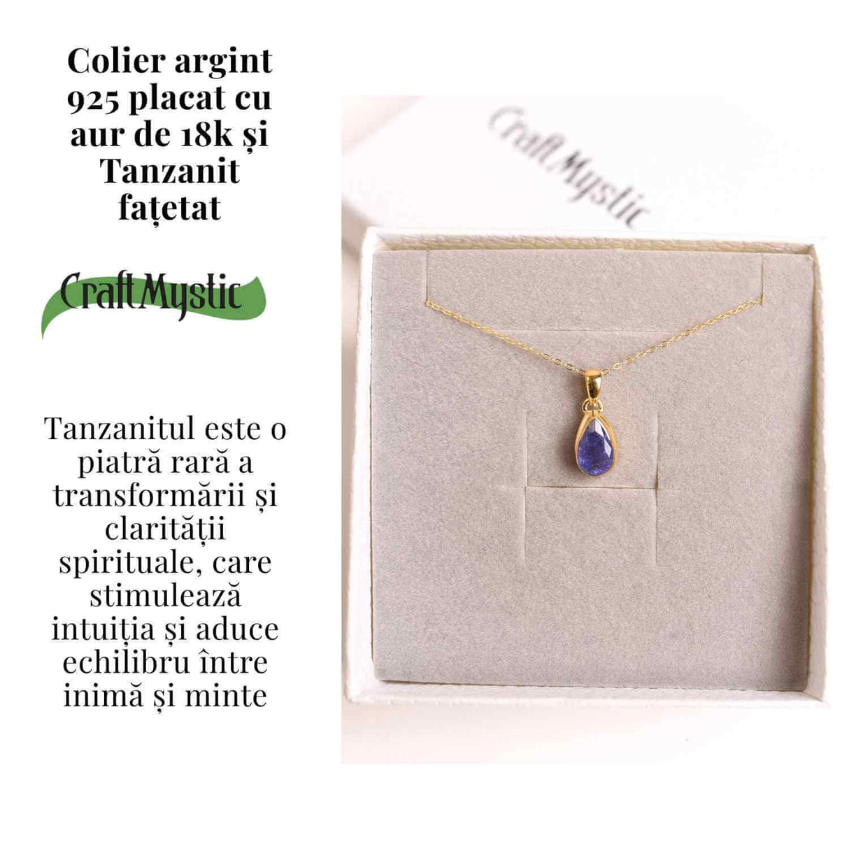 Colier Argint 925 Placat cu Aur 18K si Tanzanit Fatetat in Forma de Lacrima - Claritate, Transformare si Armonie Interioara