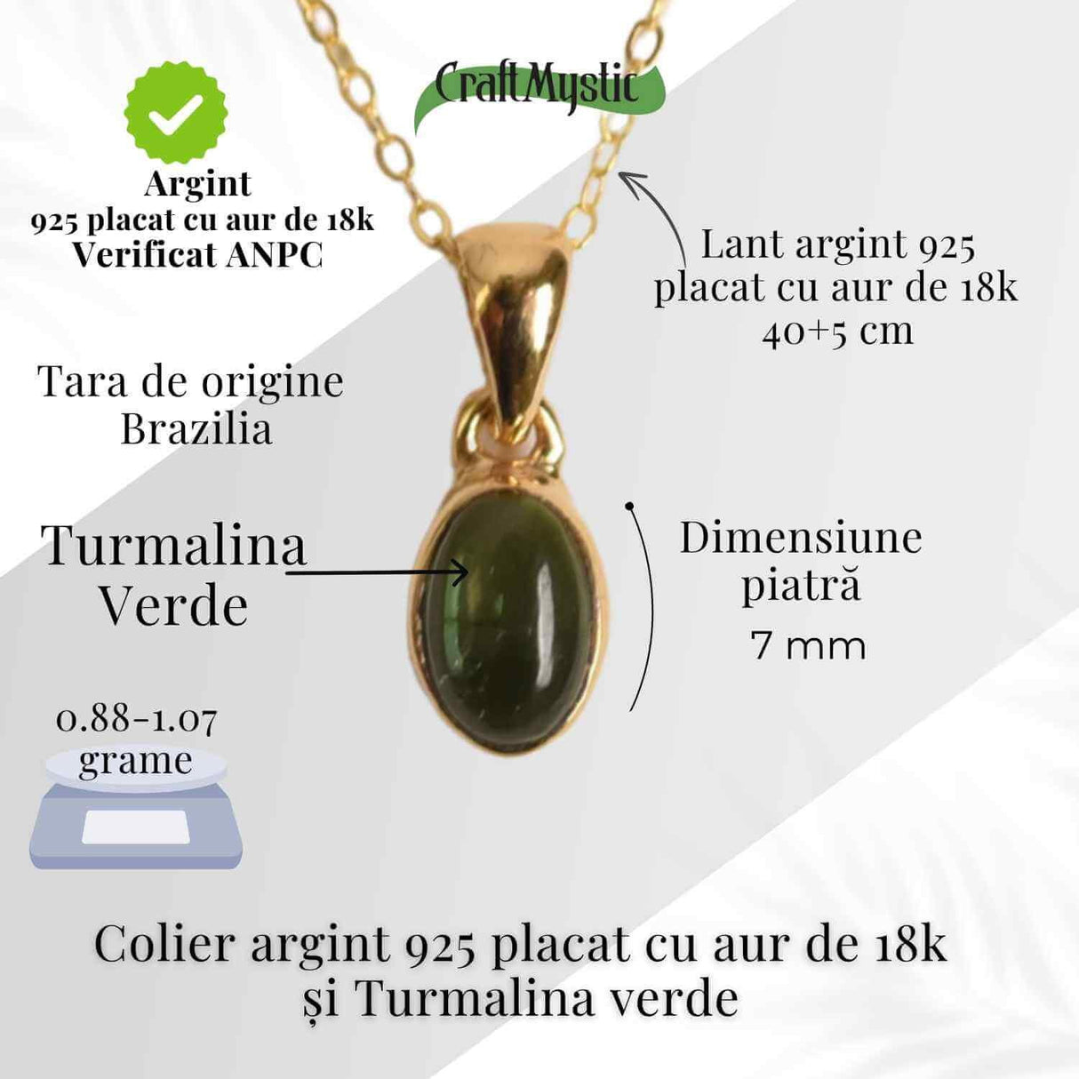 Colier Argint 925 Placat cu Aur 18K si Turmalina Verde Naturala - Armonie, Prosperitate si Vindecare Emotionala