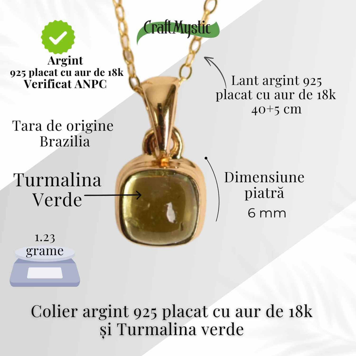 Colier Argint 925 Placat cu Aur 18K si Turmalina Verde Naturala - Echilibru, Vindecare si Energie a Vietii