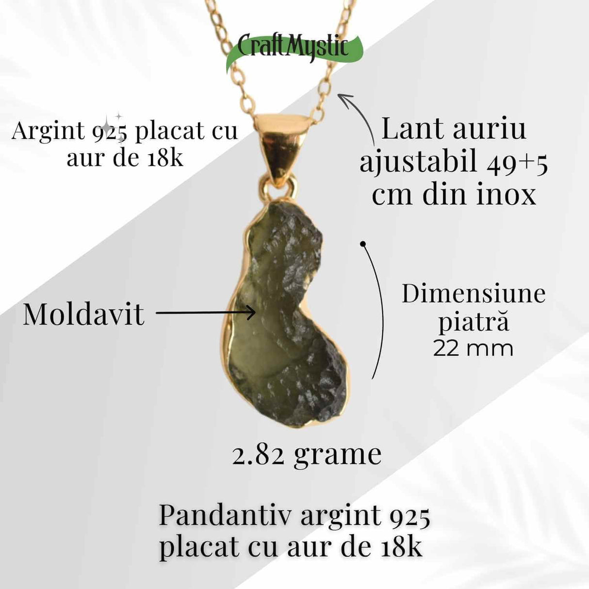 Colier cu lant de inox aurit si pandantiv montura argint 925, placat cu aur 18 k si Moldavit natural, 2.82 gr - Echilibru si trezire spirituala