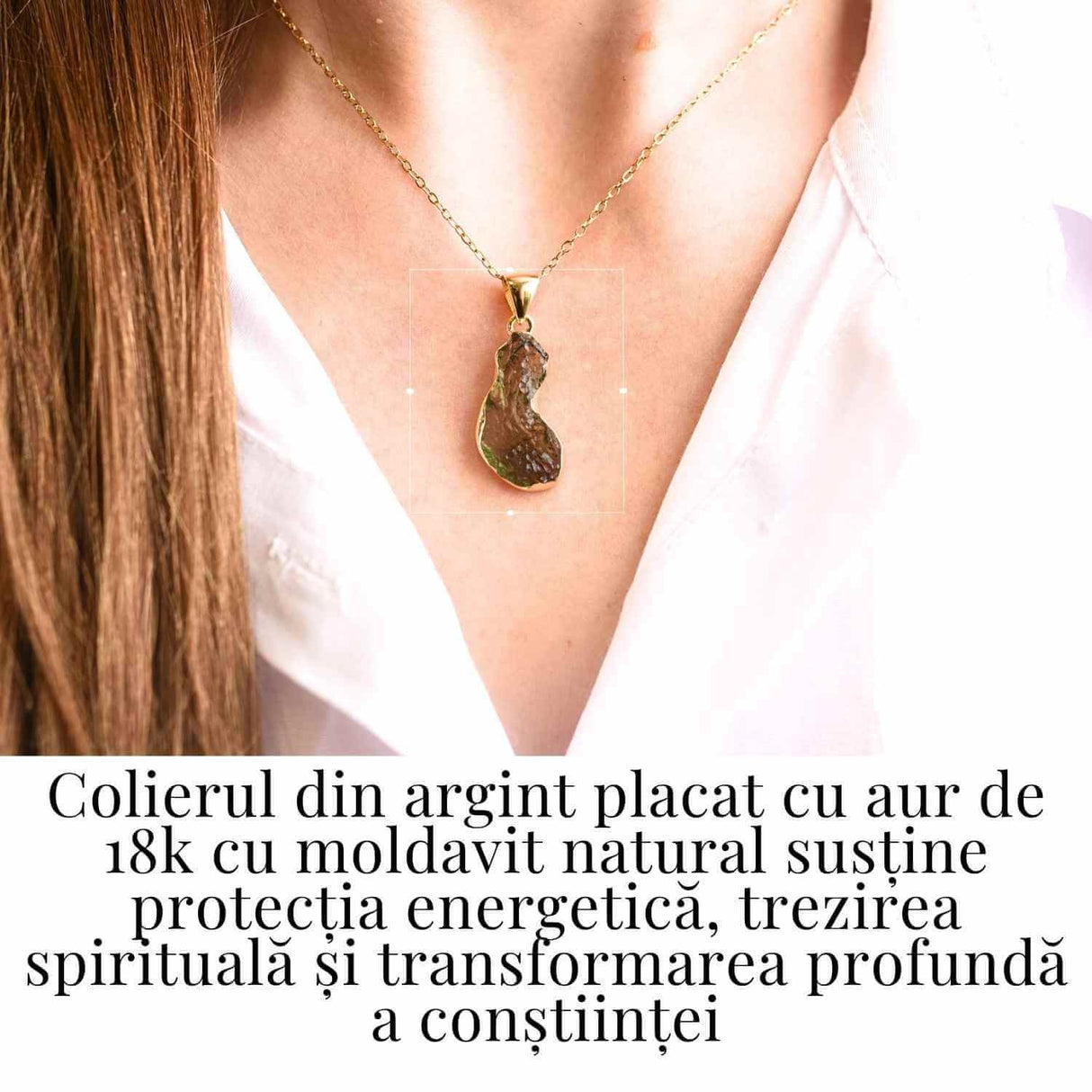 Colier cu lant de inox aurit si pandantiv montura argint 925, placat cu aur 18 k si Moldavit natural, 2.82 gr - Echilibru si trezire spirituala