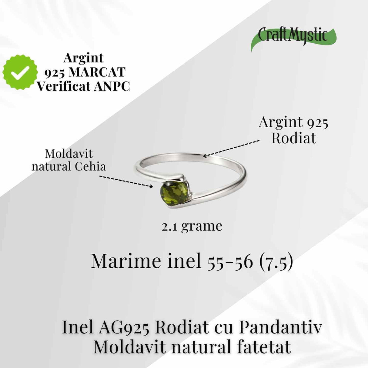 Inel minimalist din Argint 925 rodiat cu Moldavit natural fatetat - claritate, protectie si evolutie interioara