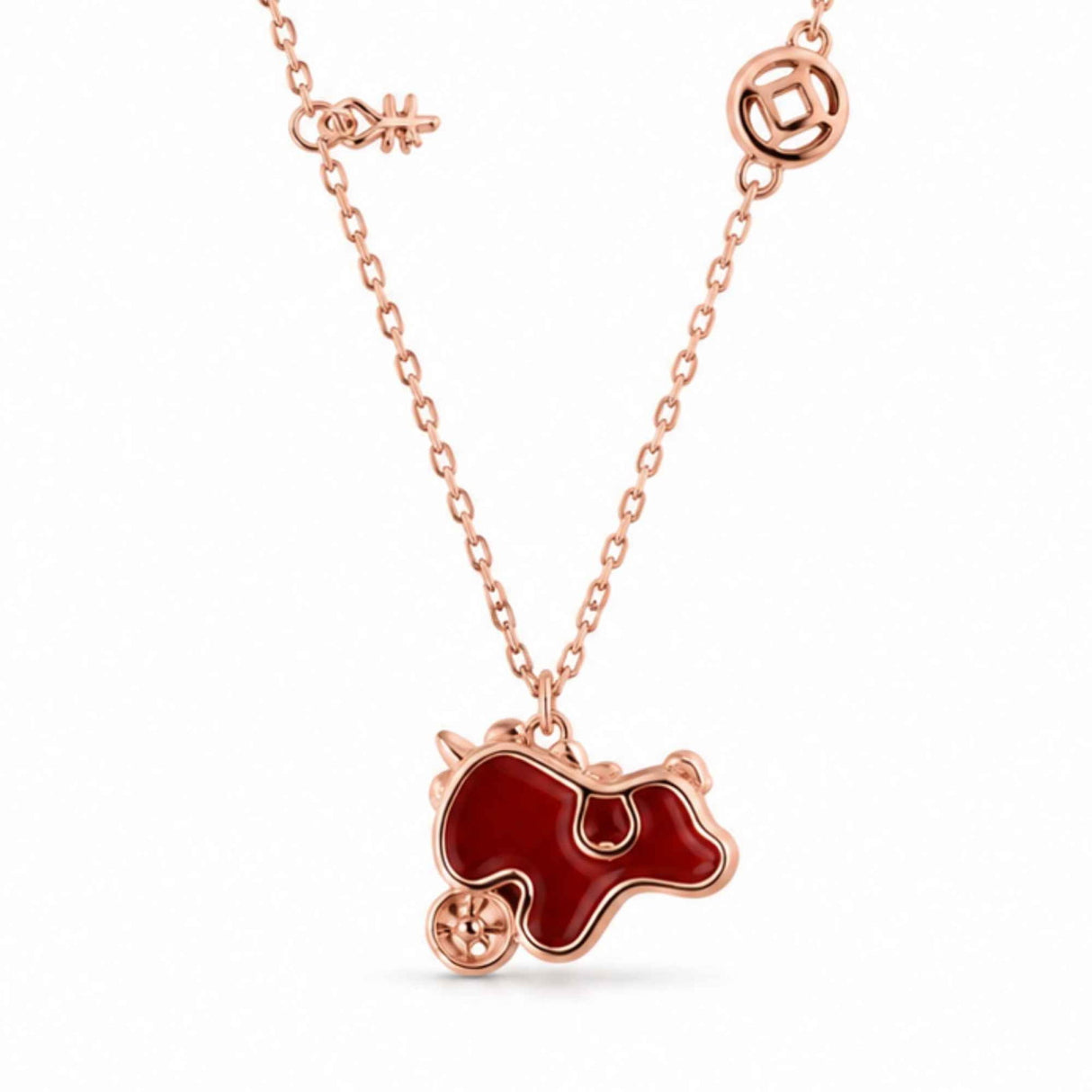 Colier Argint 925 Rose Gold cu Agat Rosu Natural forma calut– Energie, Curaj si Eleganta