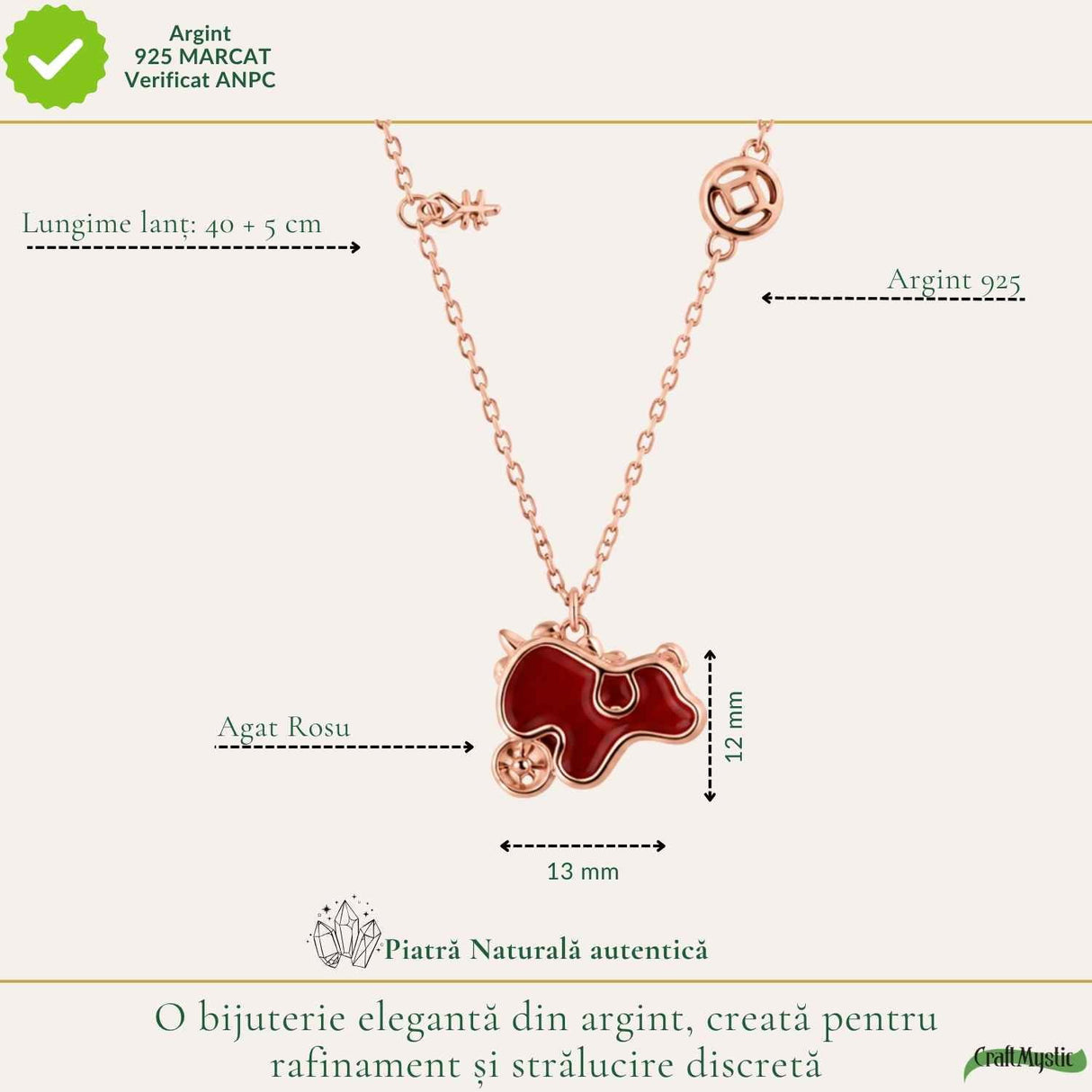 Colier Argint 925 Rose Gold cu Agat Rosu Natural forma calut– Energie, Curaj si Eleganta