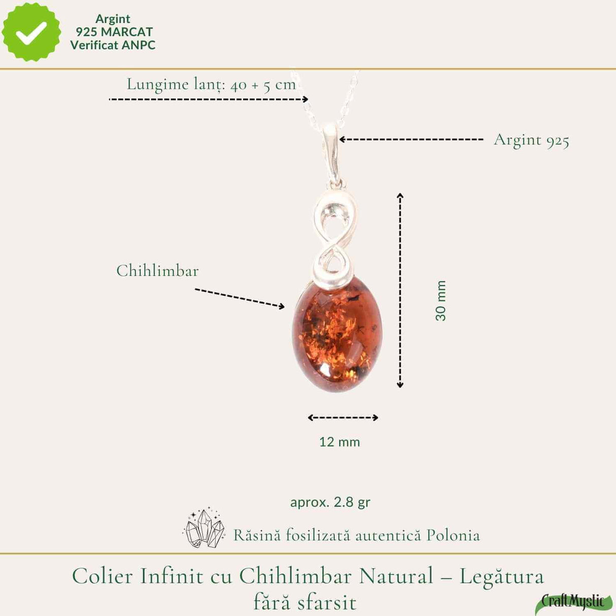 Colier argint 925 oval cu infinit si chihlimbar natural - Vitalitate si echilibru
