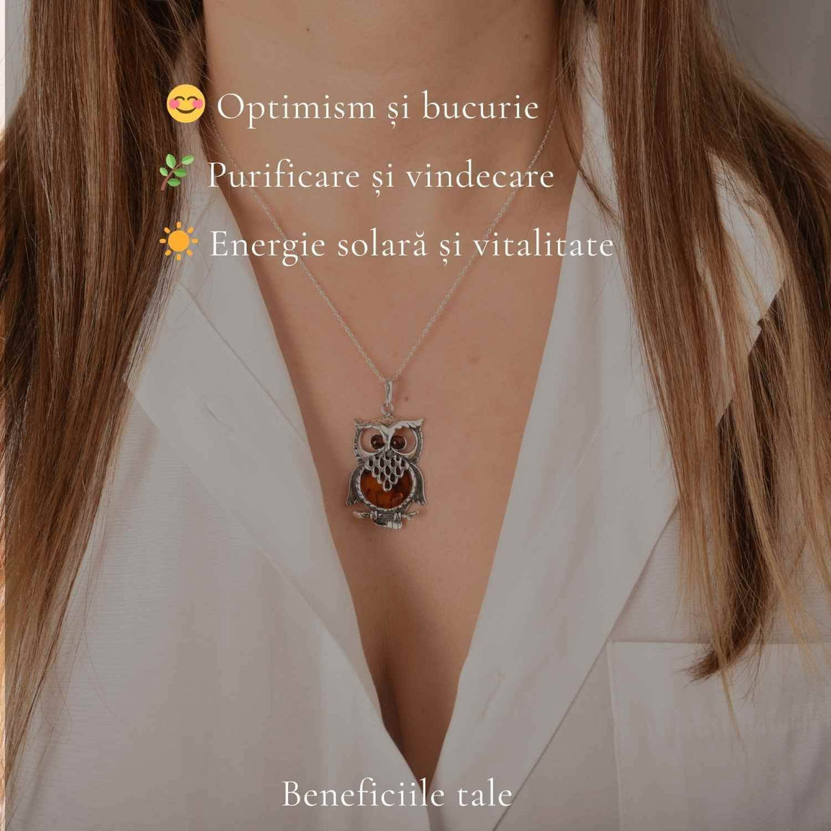 Colier argint 925 Bufnita cu chihlimbar natural - Claritate si vitalitate