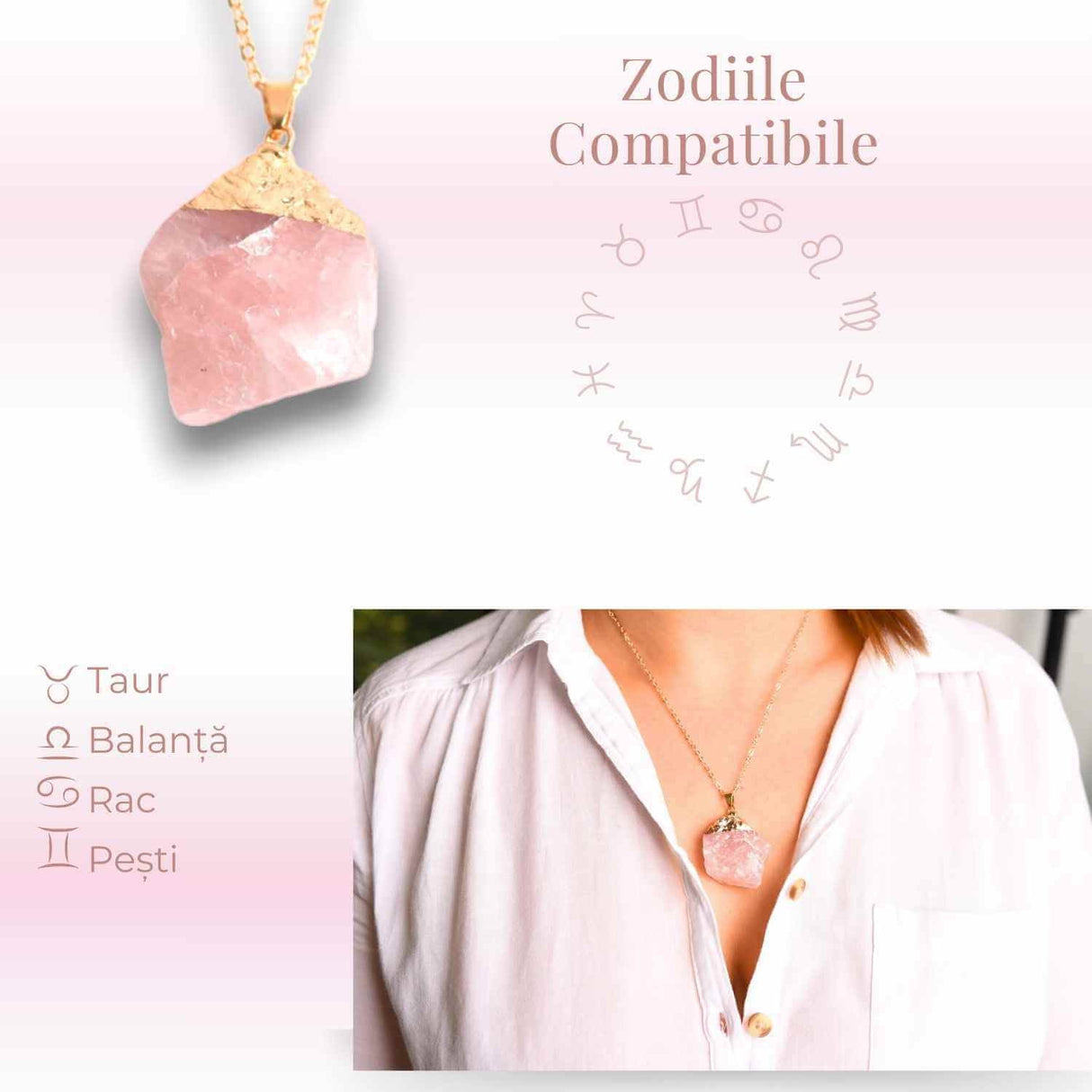 Colier auriu ajustabil cu pandantiv din Cuart Roz brut - Vindecare și Iubire