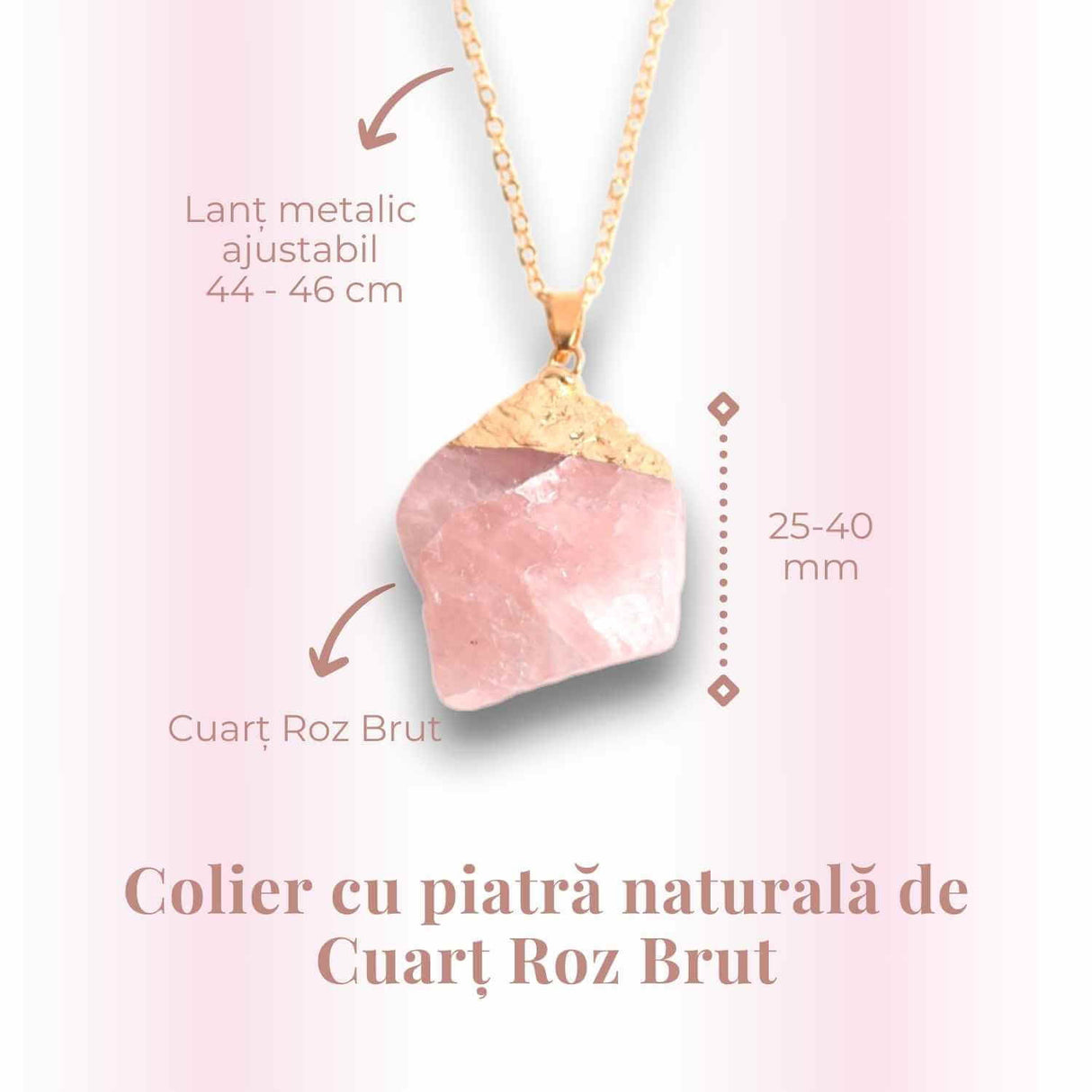 Colier auriu ajustabil cu pandantiv din Cuart Roz brut - Vindecare și Iubire